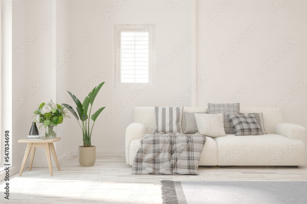 Naklejka premium White living room with sofa. Scandinavian interior design. 3D illustration