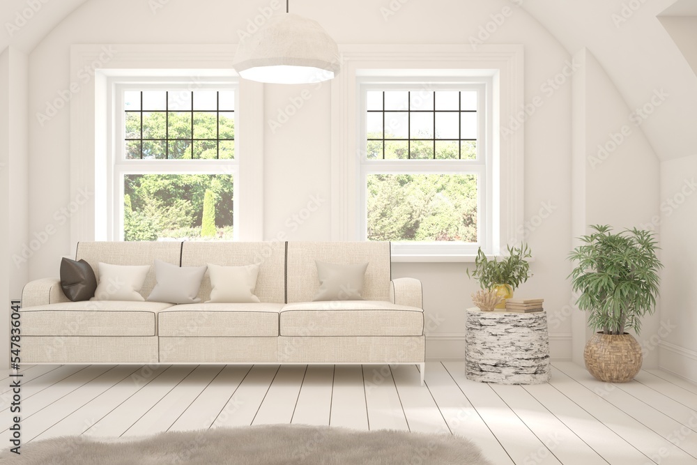 Fototapeta premium White living room with sofa and summer landscape in window. Scandinavian interior design. 3D illustration