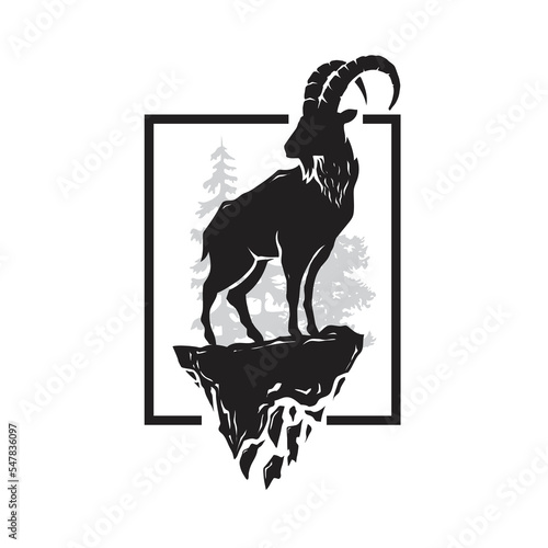 alpine ibex silhouette and forest at square background photo