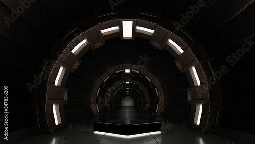 Pentagon podium in spaceship or space station interior, Sci Fi tunnel, stage for product presentation, 3D rendering.