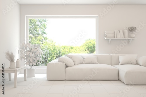 White living room with sofa and summer landscape in window. Scandinavian interior design. 3D illustration