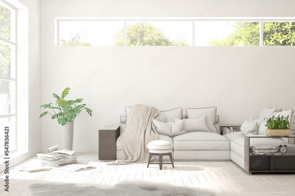 Fototapeta premium White living room with sofa and summer landscape in window. Scandinavian interior design. 3D illustration