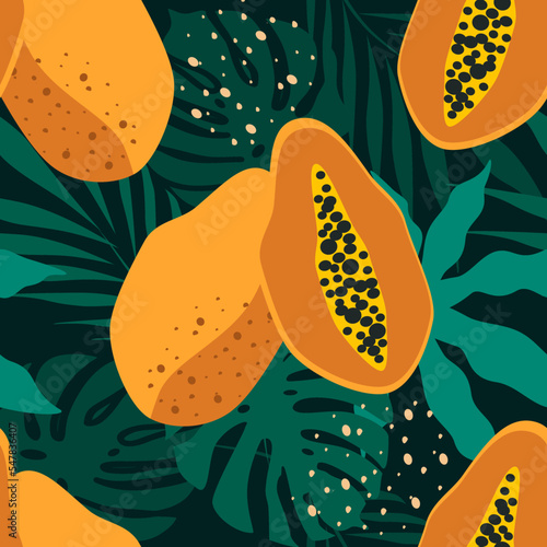 vector seamless pattern with papaya fruits and tropical leaves