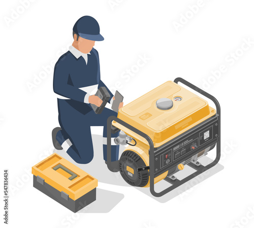 portable power generators maintenance home service delivery engine motor isometric for industry and construction equipment yellow in white isolated