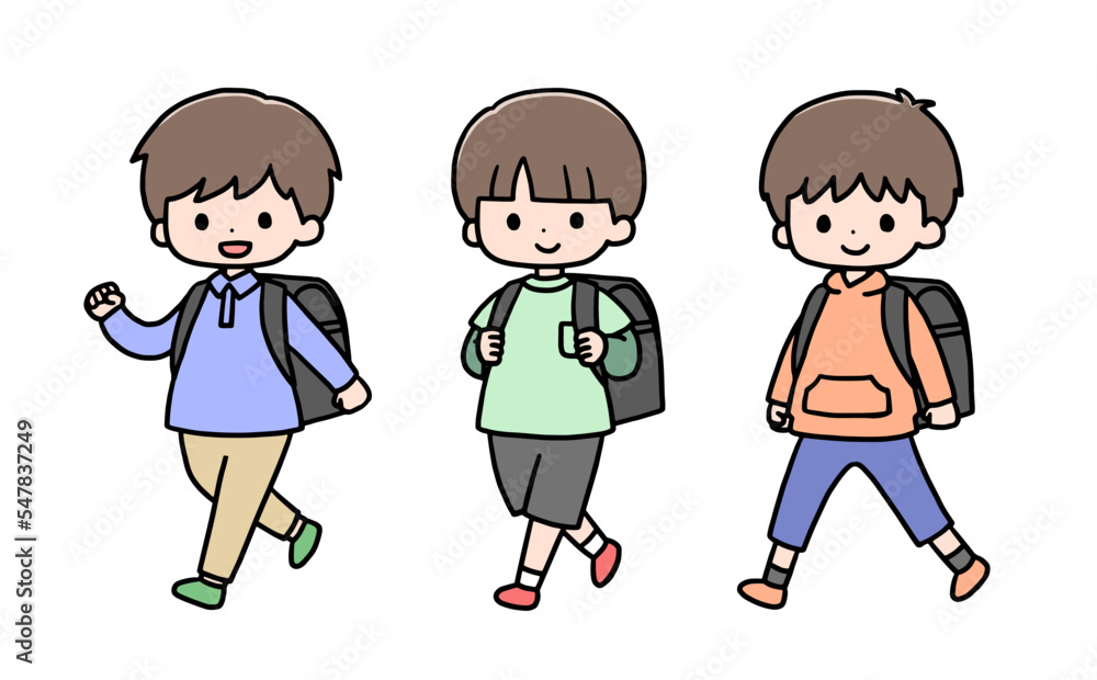 ランドセルを背負って歩く小学生の男の子3人