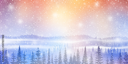 Dreamy winter landscape, snowfall and bokeh effect, bright holiday background, vector illustration