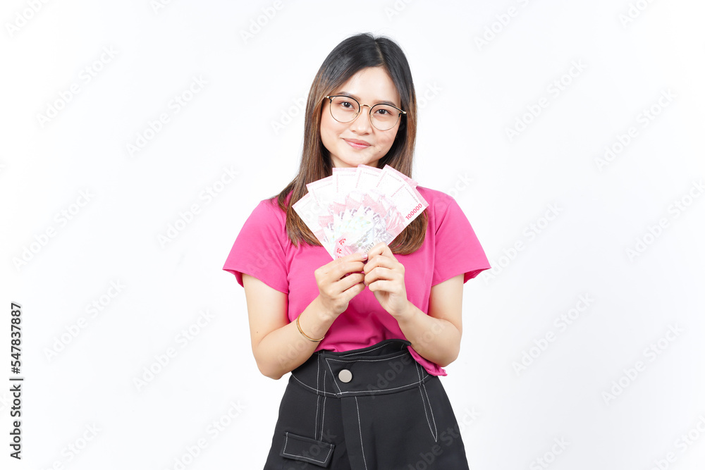 Holding New 100.000 Bank Note Indonesia Rupiah Of Beautiful Asian Woman Isolated On White Background Holding New 100.000 Bank Note Indonesia Rupiah Of Beautiful Asian Woman Isolated On White Background