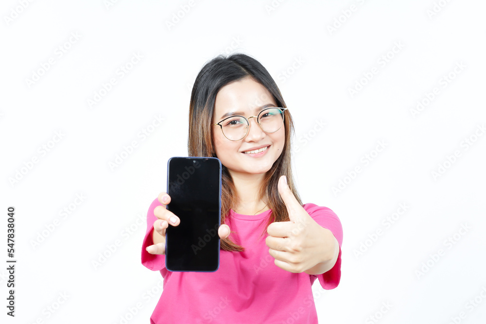 Showing Apps or Ads On Blank Screen Smartphone Of Beautiful Asian Woman Isolated On White Background Showing Apps or Ads On Blank Screen Smartphone Of Beautiful Asian Woman Isolated On White Background
