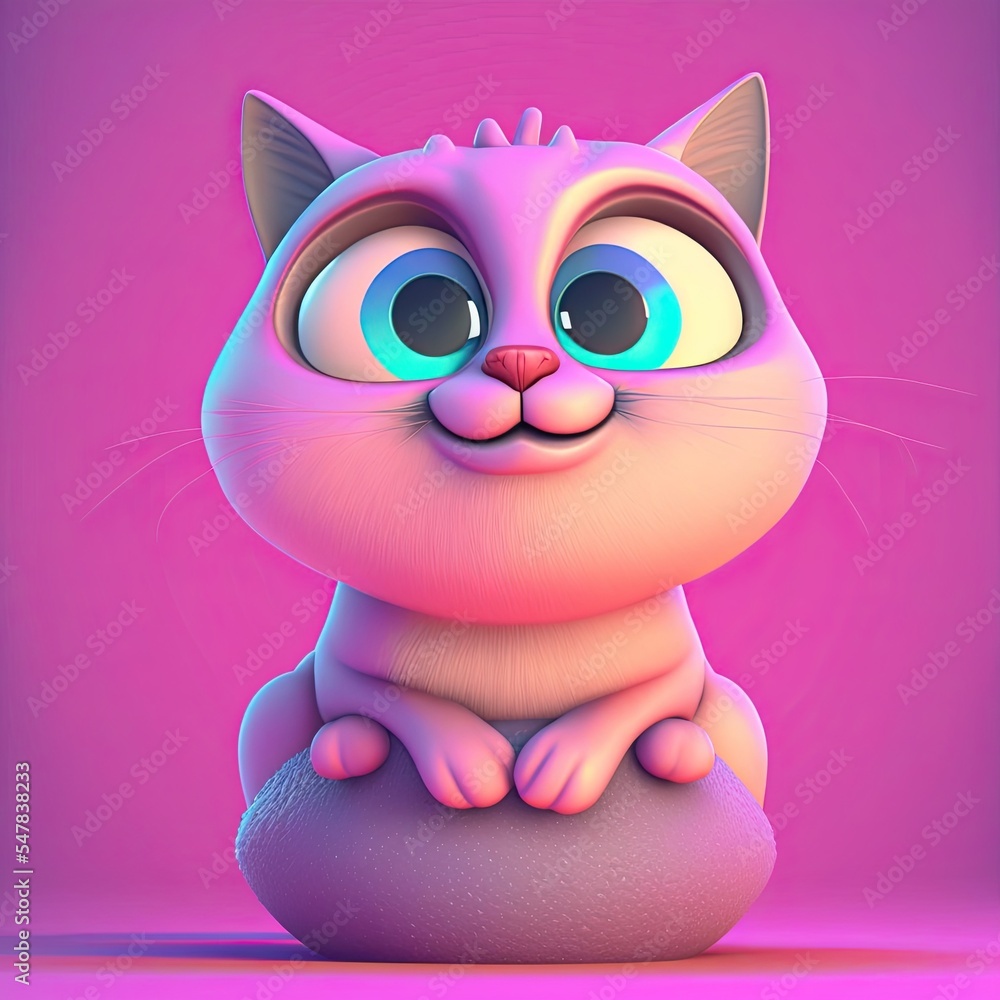 Illustration of a soft pop squishy beautiful cat with huge eyes smiling