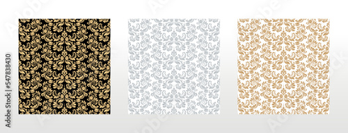 Wallpapers in the style of Baroque. Seamless vector backgrounds. Set of colored floral ornaments. Graphic patterns for fabric, wallpaper, packaging. Ornate Damask flower ornaments