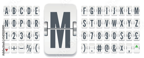 Airport terminal mechanical scoreboard alphabet with numbers for showing flight departure or finance information. White flip board regular font to display stock exchange rates vector illustration