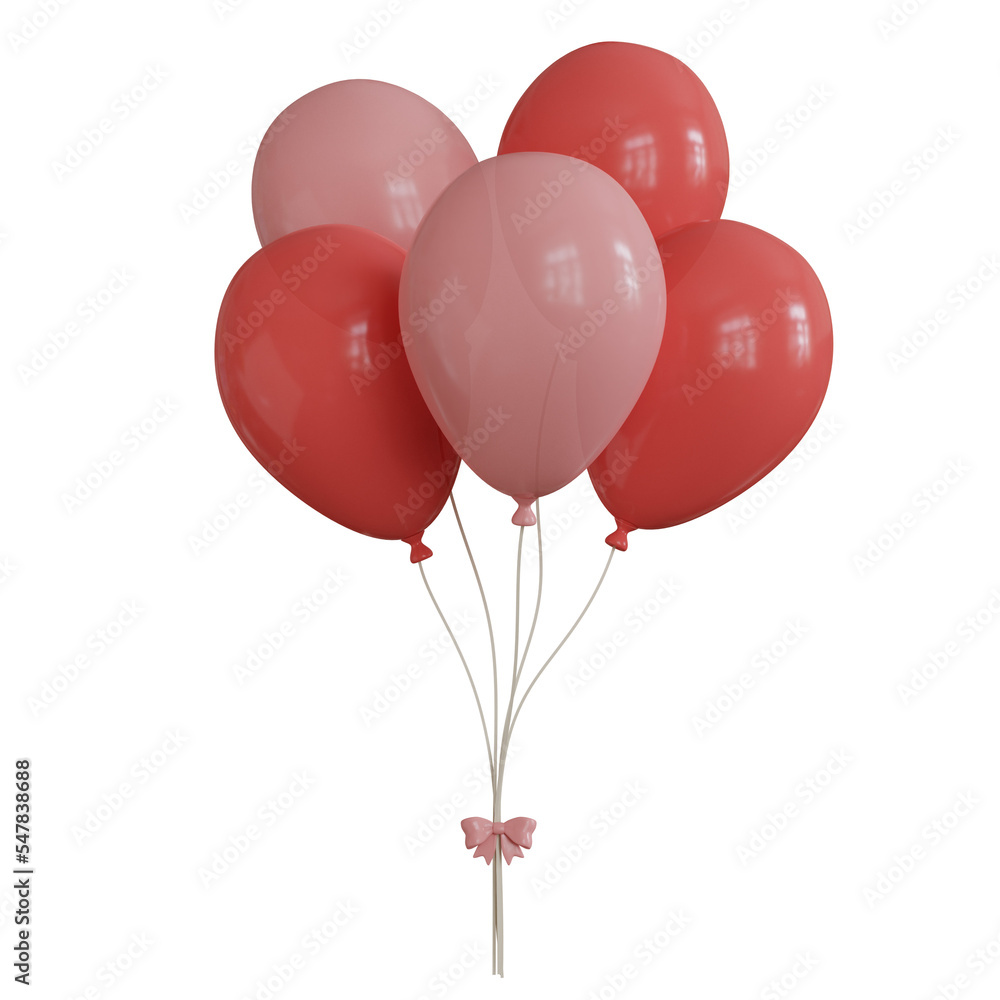 3D Rendering Red and Pink Oval Balloons for Birthday, Party, Festival Decoration. PNG Transparent Background.