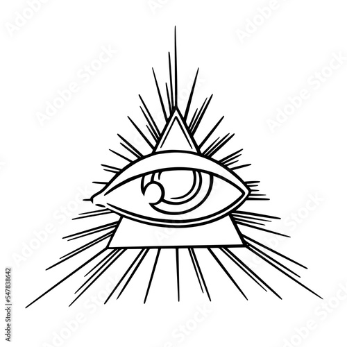 Illuminati eye of free mason secret society. Tarot all seeing third eye in triangle with rays. Vector illustration isolated in white background