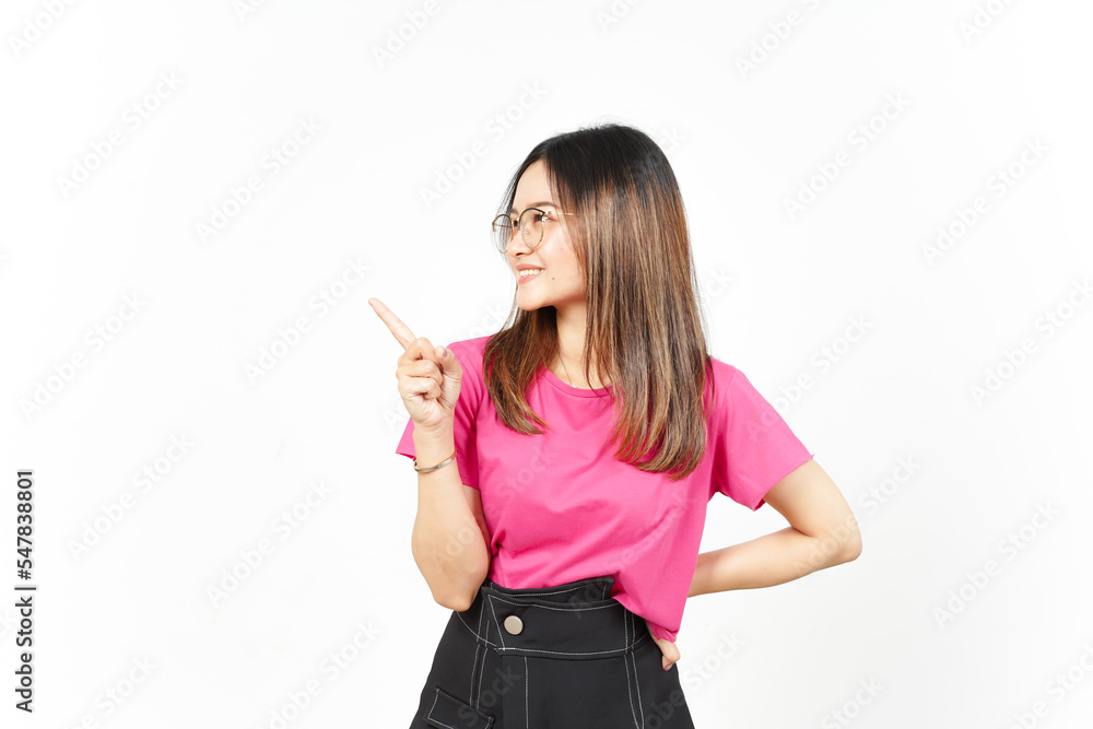 Showing Product and Pointing Side using forefinger Of Beautiful Asian Woman Isolated On White Showing Product and Pointing Side using forefinger Of Beautiful Asian Woman Isolated On White