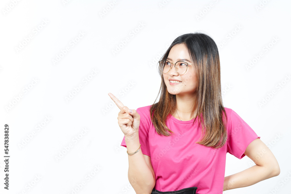Showing Product and Pointing Side using forefinger Of Beautiful Asian Woman Isolated On White Showing Product and Pointing Side using forefinger Of Beautiful Asian Woman Isolated On White