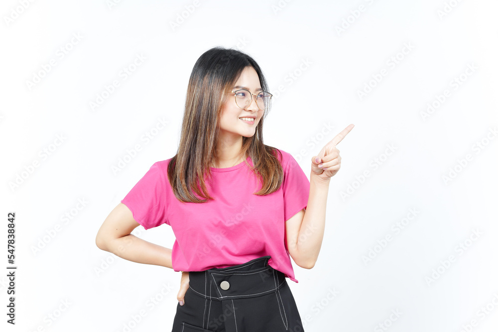 Showing Product and Pointing Side using forefinger Of Beautiful Asian Woman Isolated On White Showing Product and Pointing Side using forefinger Of Beautiful Asian Woman Isolated On White