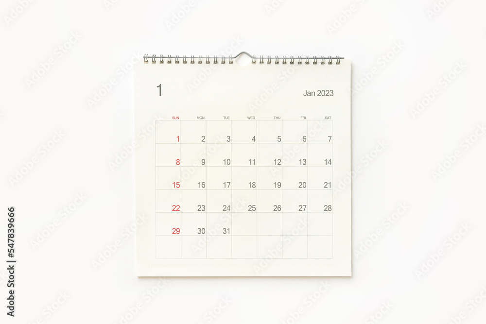 January 2023 calendar page on white. Calendar background for reminder, business planning, appointment meeting and event. - obrazy, fototapety, plakaty 
