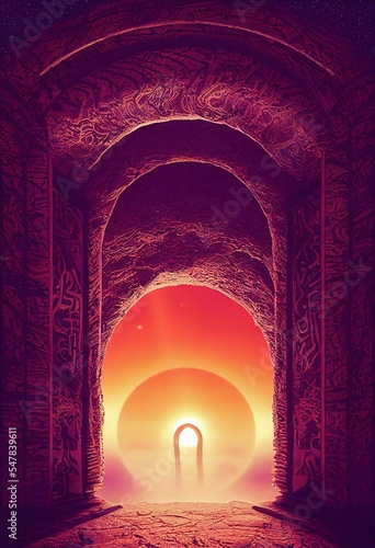 alien arabesque symbols engraved on a gate made of Martian rock  intricate Fibonacci  Mandelbrot patterns  enameled mystical entrance to the encaved cathedral of an ancient civilization that lived on 