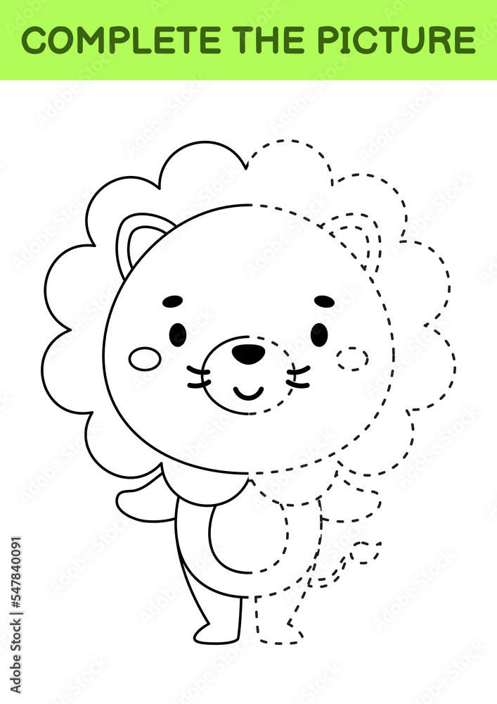 Complete drawn picture of cute lion. Coloring book. Dot copy game. Handwriting practice, drawing skills training. Education developing printable worksheet. Activity page. Vector illustration Complete drawn picture of cute lion. Coloring book. Dot copy game. Handwriting practice, drawing skills training. Education developing printable worksheet. Activity page. Vector illustration