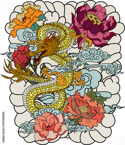 hand drawn Dragon tattoo ,coloring book japanese style.Japanese old dragon with Sunrise.Symbol of chinese dragon illustration on background for T-shirt. Traditional Asian tattoo the old dragon vector.