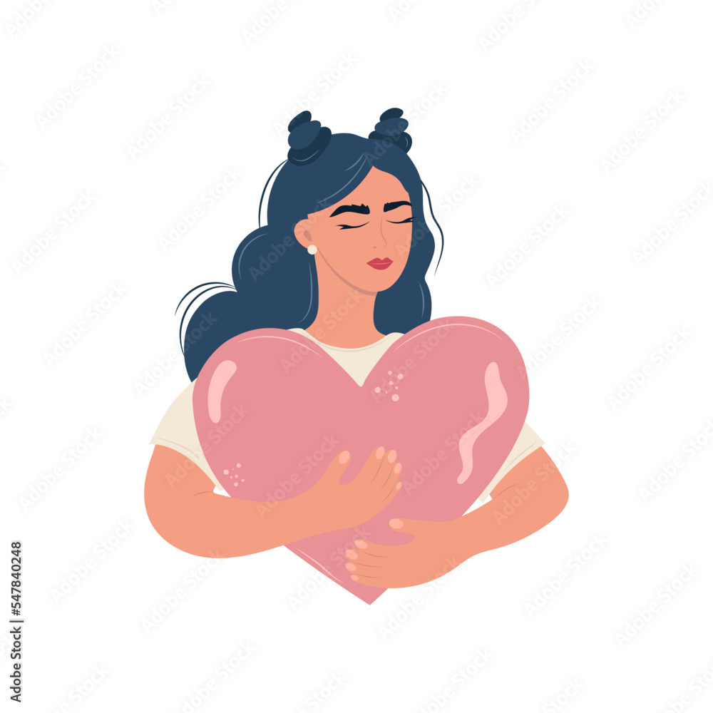 Cute girl hugs a big heart. vector illustration Cute girl hugs a big heart. vector illustration