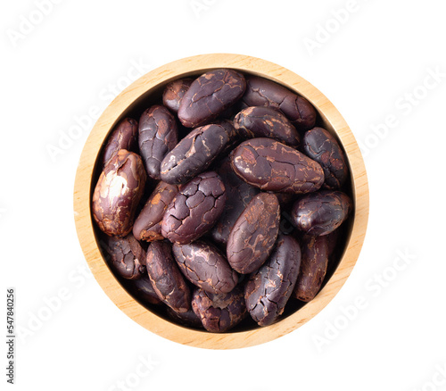 Group of roasted unpeeled cocoa beans in wood bowl isolated on transparent png