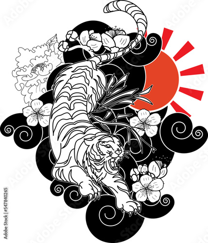 Traditional Japanese tiger tattoo.Tiger Sticker tattoo design,Cartoon tiger on black background.Vector illustration for embroidery and printing on shirt.Beautiful line art of flower.