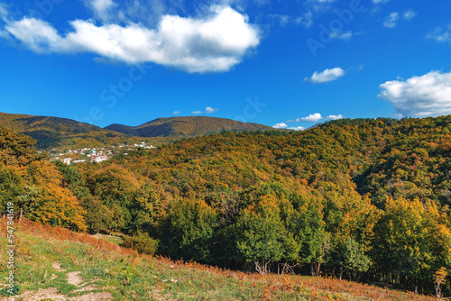 Mountain landscape with autumn forest in yellow-red foliage. Mountains with colorful autumn trees under a cloudy blue sky. Autumn forest in warm colors in the mountains on a sunny day.