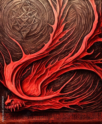 evil biblical, necronomicon, ancient texts, dungeons and dragons, cursed, runes, highly detailed borders, wood burn etching, viscious red fluid photo