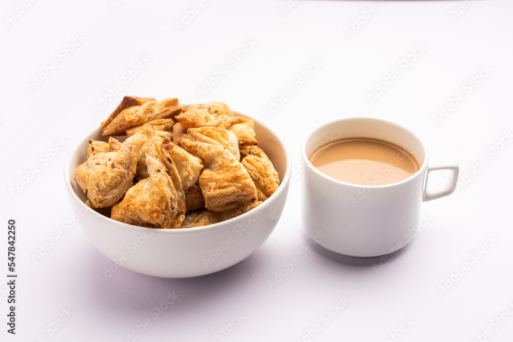 Khari puff biscuit or Kharee Puff pastry is an evergreen accompaniment with chai, Indian snack Khari puff biscuit or Kharee Puff pastry is an evergreen accompaniment with chai, Indian snack
