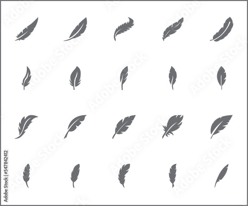 Simple Set of feather Related Vector Line Icons. Vector collection of wing, pen, quill, floating, arrow and design elements symbols or logo elements in thin outline.