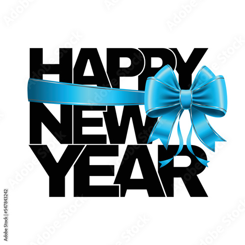 Happy New Year inscription with a voluminous blue bow. Vector illustration.