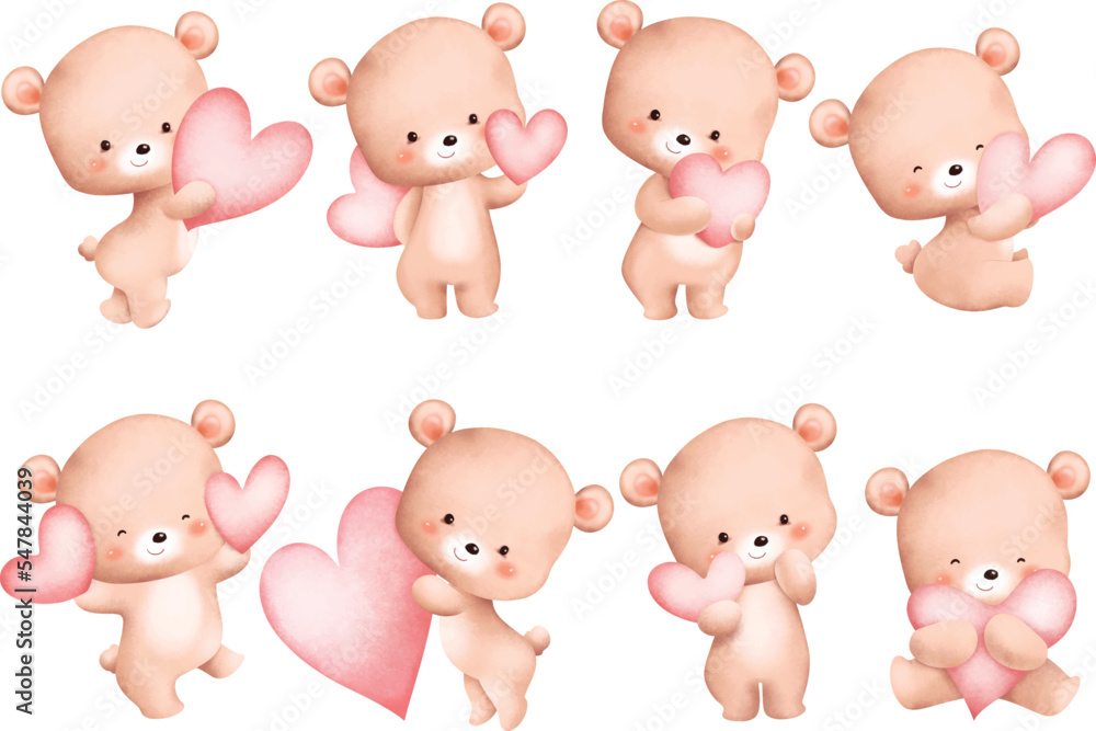 Watercolor Illustration set of cute teddy bear holding pink heart