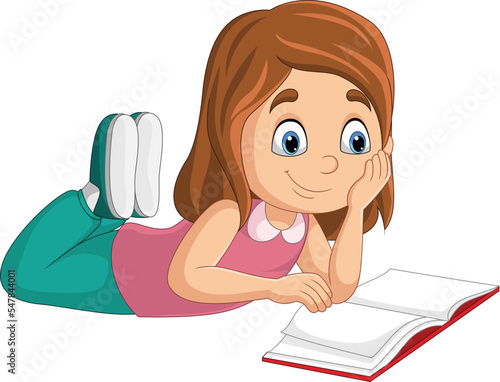 Happy little girl laying and reading a book