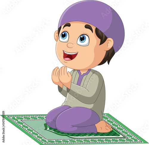 Cartoon Muslim boy praying on the prayer rug