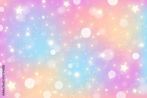 Rainbow unicorn background. Pastel gradient color sky with glitter stars and bokeh. Magic galaxy space. Vector fairy abstract pattern.