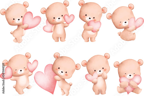Watercolor Illustration set of cute teddy bear holding pink heart