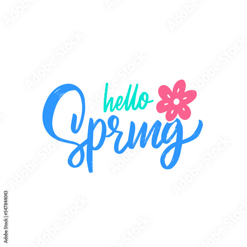 Hello Spring hand drawn colored lettering greeting card phrase.