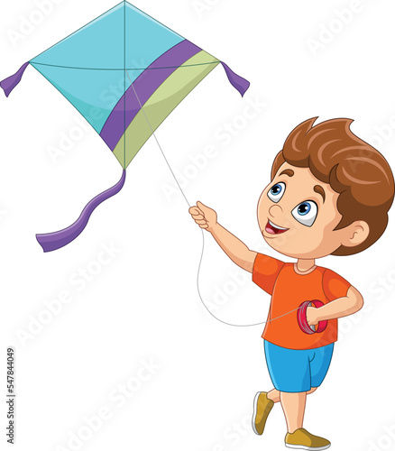 Cartoon happy little boy playing a kite