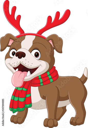 Cartoon bulldog wearing antlers and scarf