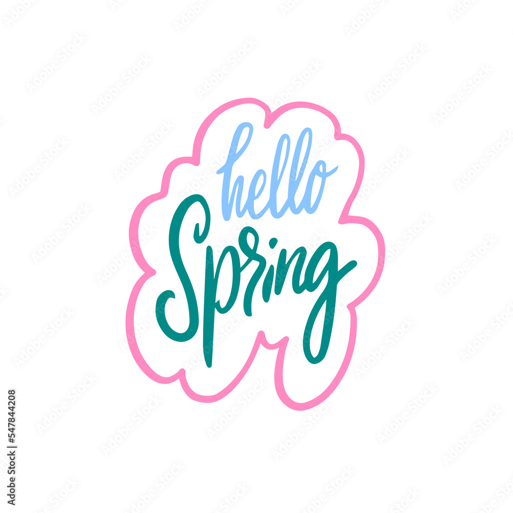 Hello spring colored modern calligraphy phrase vector art lettering.