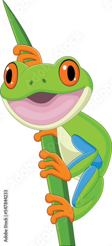 Cartoon happy frog on leaf