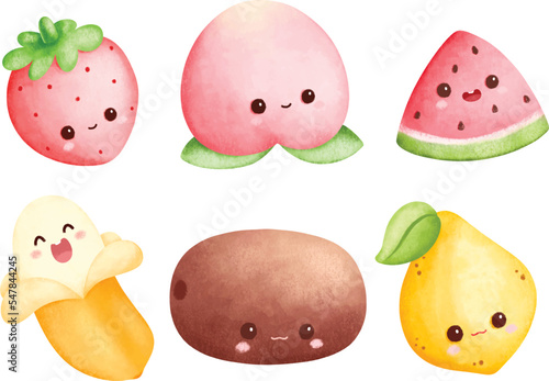 Watercolor illustration set of cute fruit character
