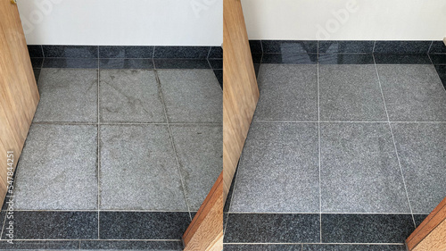 Before and after cleaning on an old gray granite entryway floor