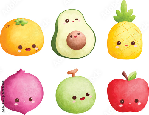 Watercolor illustration set of cute fruit character