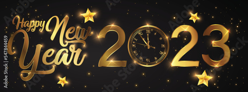 Happy new 2023 year Elegant gold text with fireworks, clock and light. Minimalistic text template.