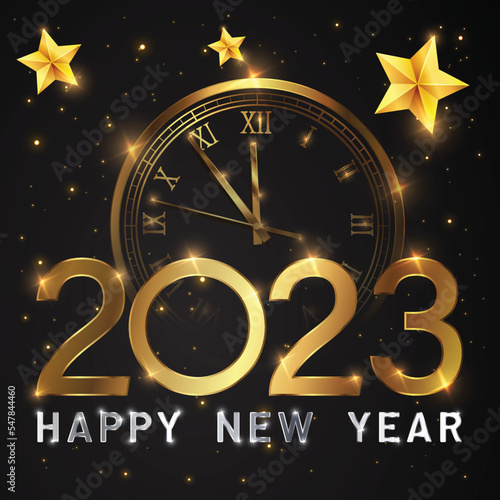 Happy new 2023 year Elegant gold text with fireworks, clock and light. Minimalistic text template.