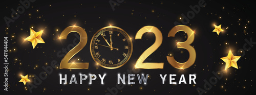 Happy new 2023 year Elegant gold text with fireworks, clock and light. Minimalistic text template. photo