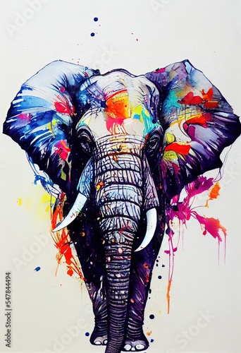 Leinwand Poster isolated elephant watercolour splashes with ink painting, llustration art