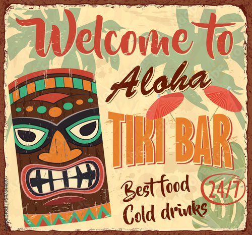 Vintage Tiki Bar metal sign.Retro poster 1950s style.